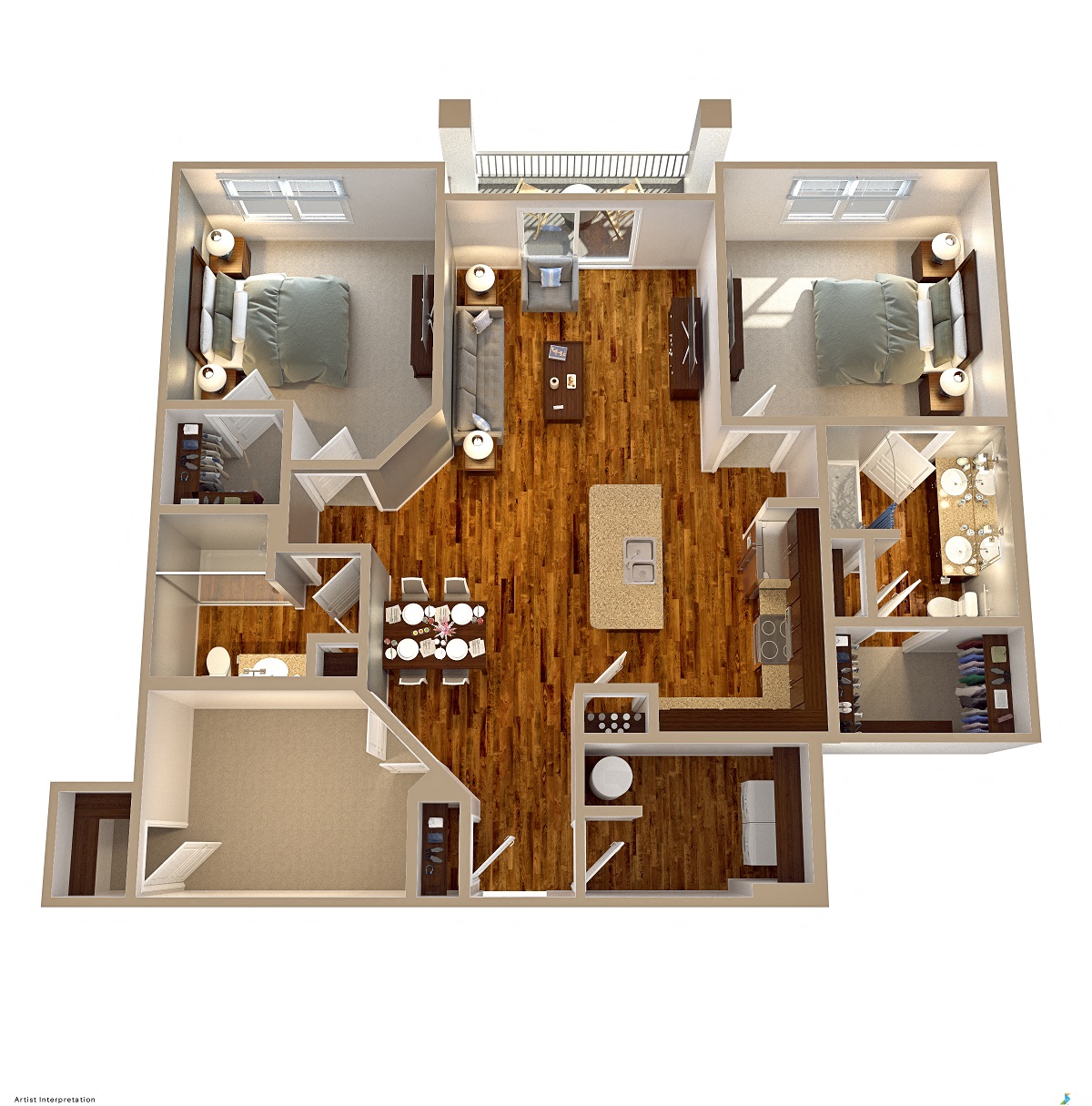 Floor plan for 2 beds, 2 baths, 1329 sqft